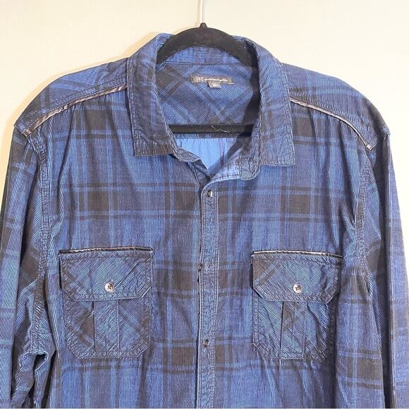 INC Men's Blue Plaid Button Down with Leather Accents Size XXL - Picture 2 of 14